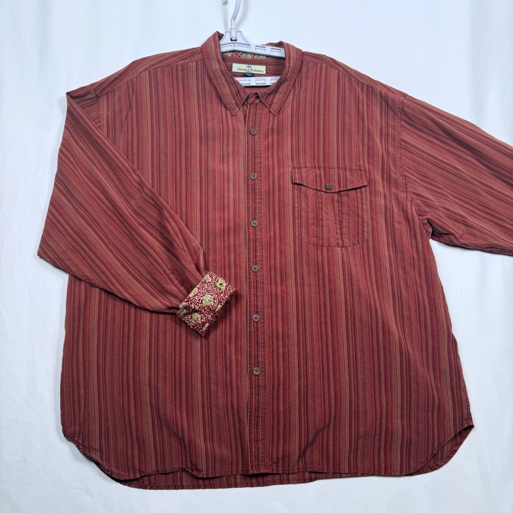 Tommy Bahama XXL Silk Button Down Shirt Striped Rust Red Long Sleeve Menswear
